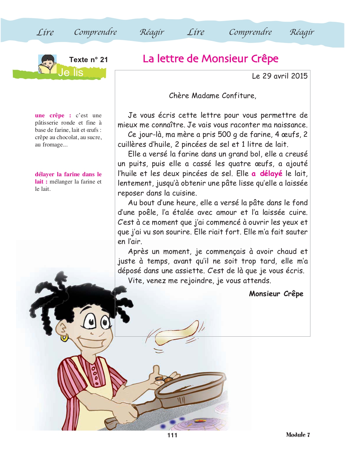 Page 111 du manuel : la lettre complète de Monsieur Crêpe à Madame Confiture